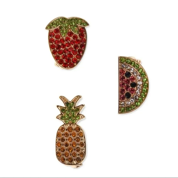 Pineapple Strawberry Watermelon Rhinestone Gold-Tone 3 Pin Small Brooches - Picture 1 of 1